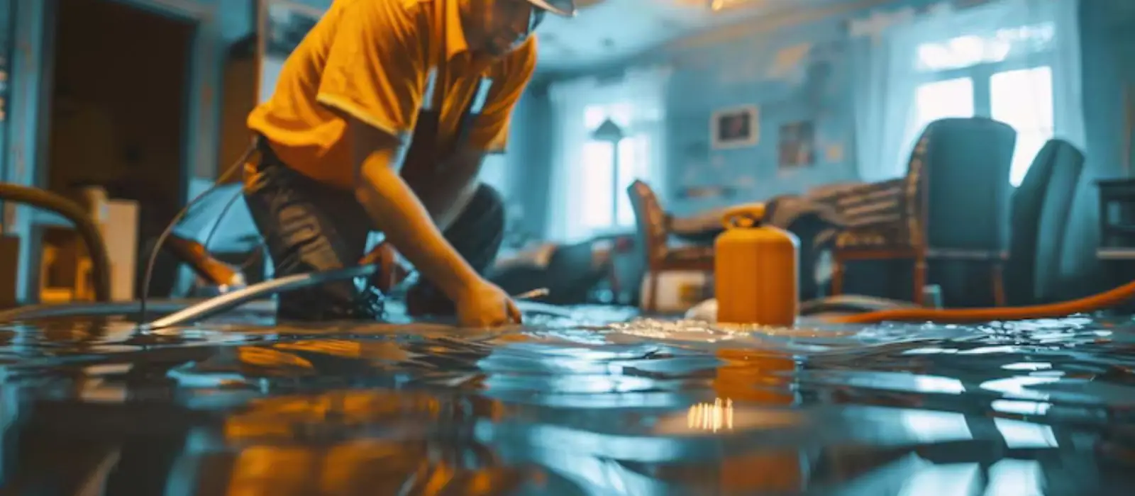 Technician kneeling in a flooded living room with extraction equipment
