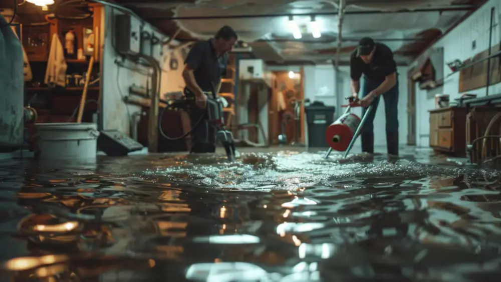 Two workers pumping water out of a flooded basement
