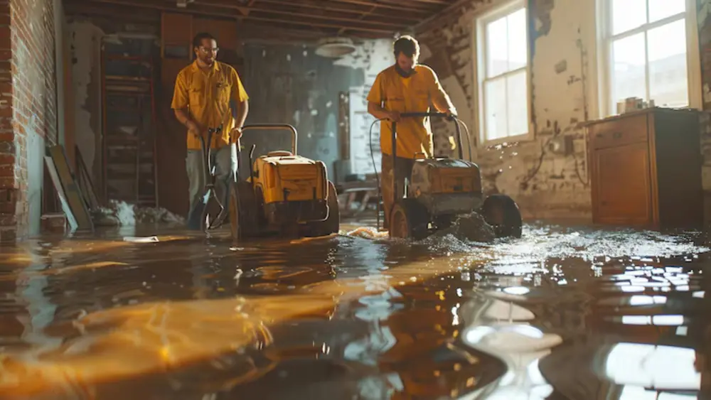 Two technicians operating extraction machines in a flooded room