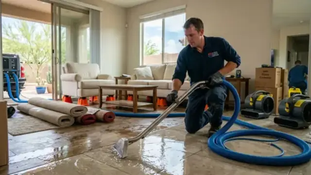 Technician extracting water from a living room with hoses and drying equipment
