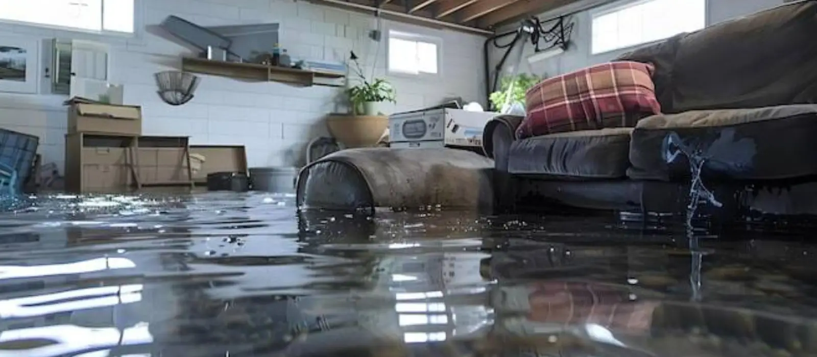 Flooded lower-level living space with furniture standing in water