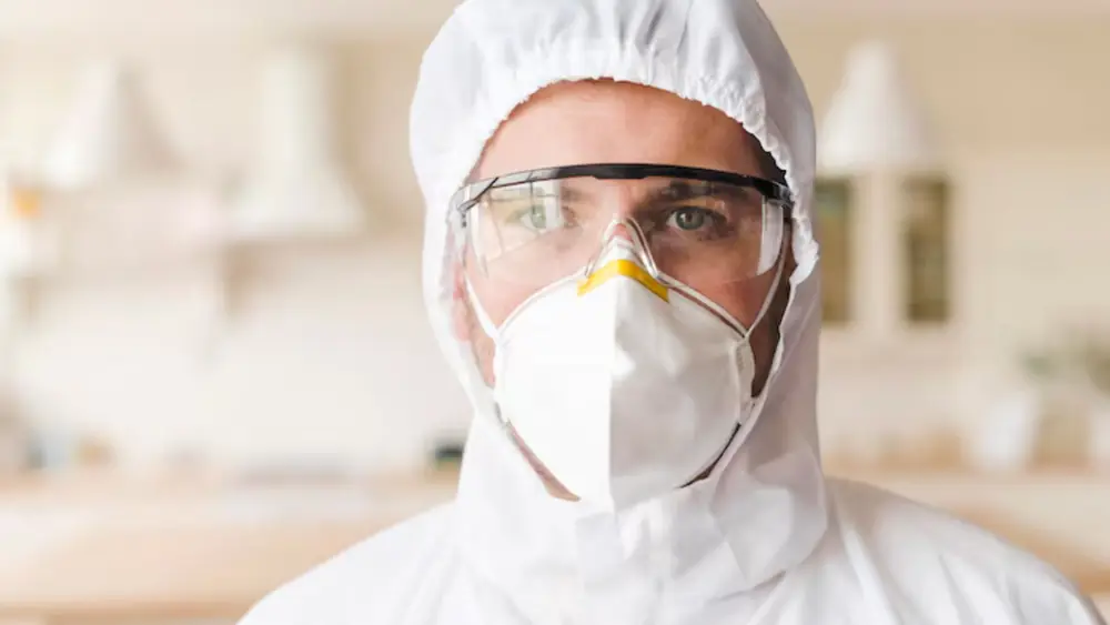Technician in a respirator mask, safety glasses and protective hood