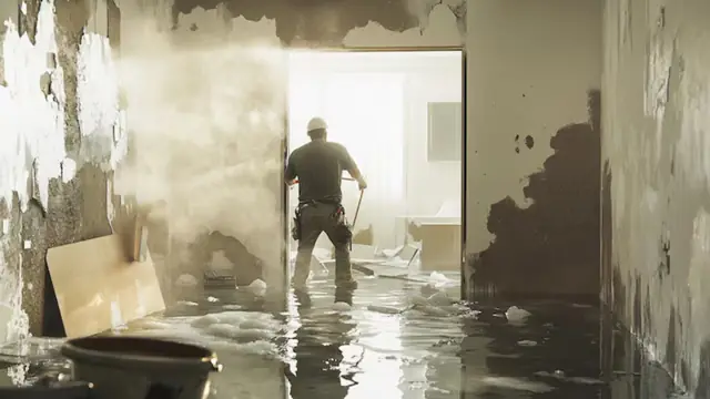 Worker walking through a water-damaged room with peeling wall finish