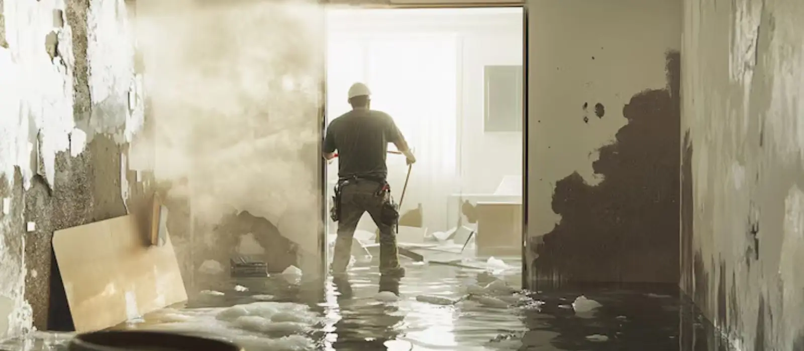 Worker walking through a water-damaged room with peeling wall finish