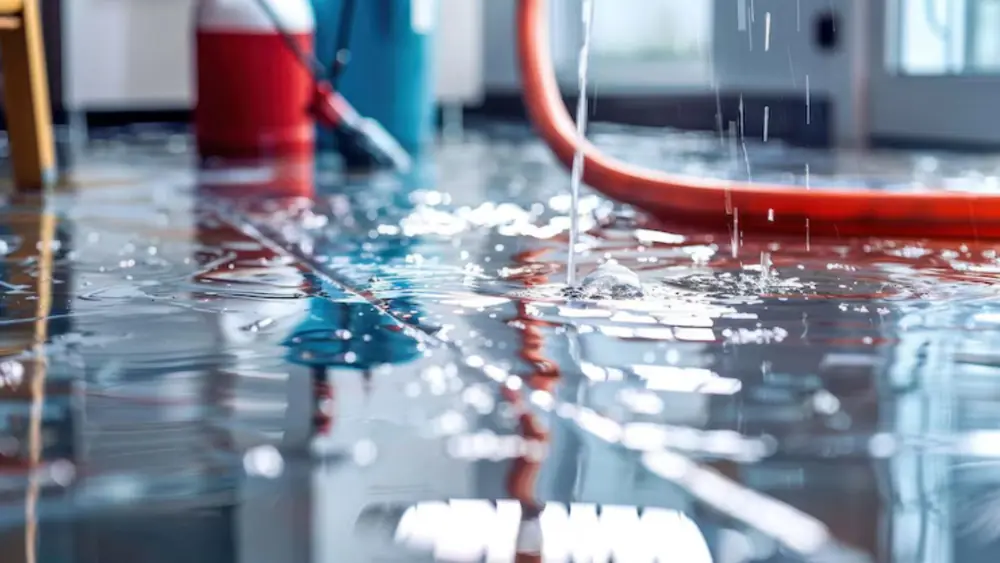 Wet-vac hose pulling water off a flooded floor