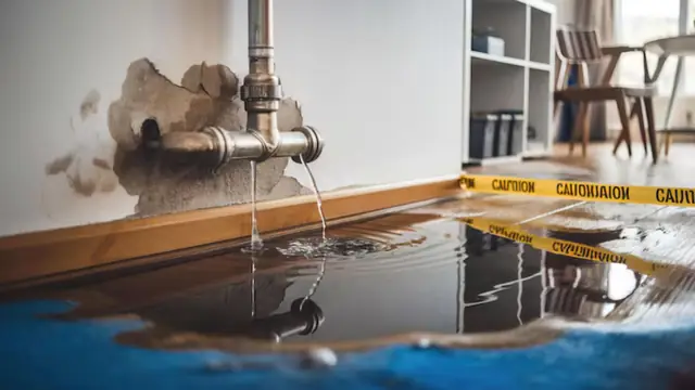 Burst pipe leaking onto a wood floor behind yellow caution tape
